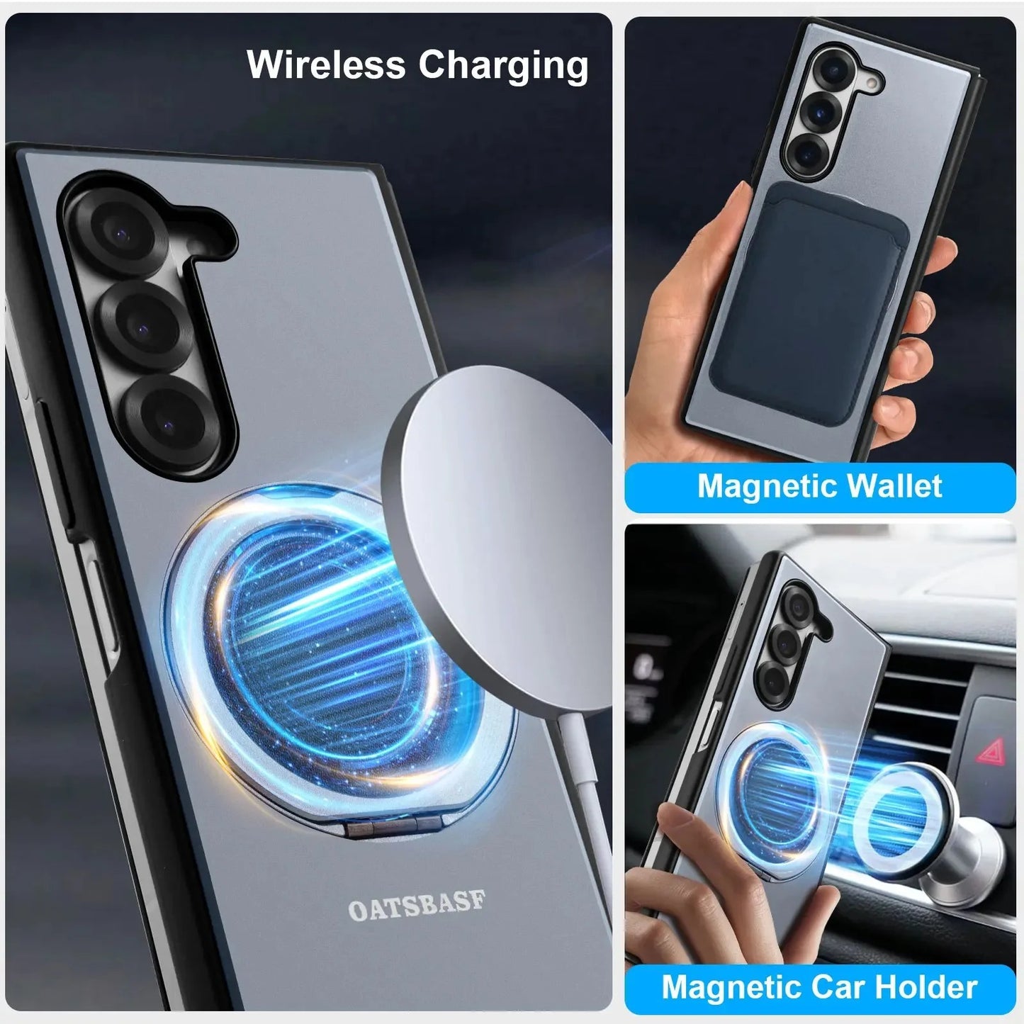 Premium MagSafe Flip Case for Galaxy Z Fold 7 / 6 / 5 – Leather, Metal & 360° Stand